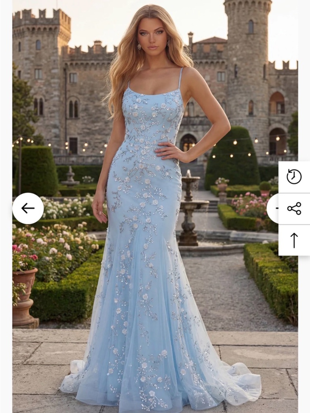 Light Blue Spaghetti-Strap Prom Gown with Floral Embroidery
